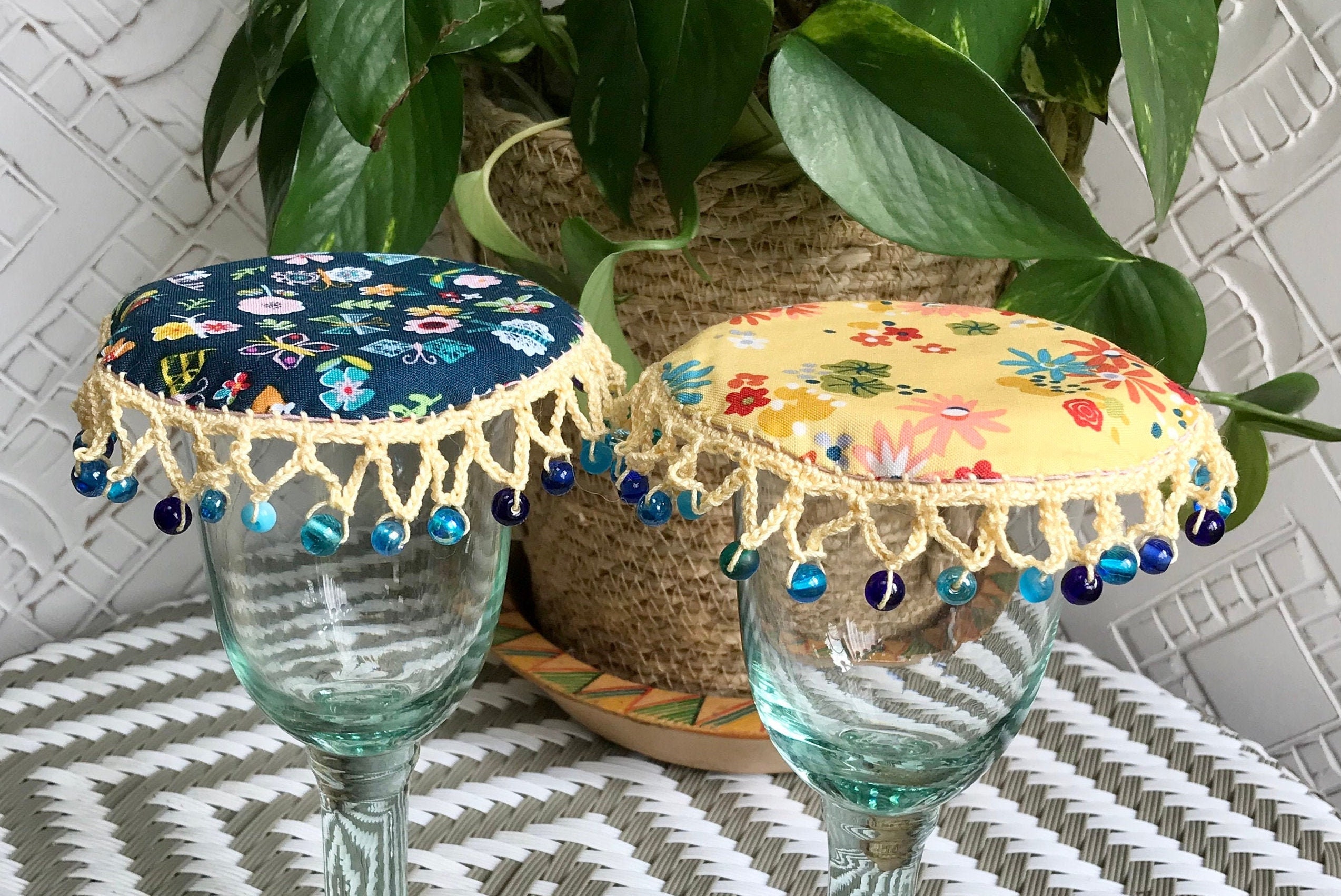 Crochet Bead Wine Glass Covers Floral Outdoor Dining Mug Cover Bed Guard Reversible Fabric
